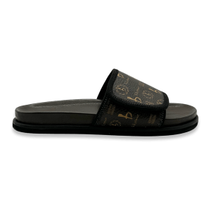 BB Pattern Velcro Leather Slides - Brown