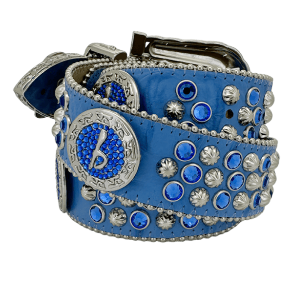 B.B. Simon Blue crystal Etched Silver Metal Oversized Western Belt Buckle B.B. Simon White Leather Belt with Blue Crystal Buckle main image 2