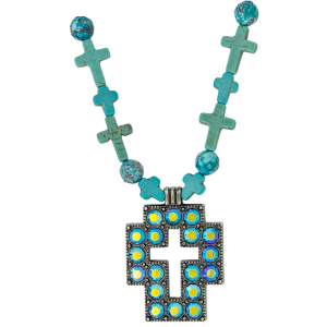 Square Cross Necklace-Blue Turquoise Beads