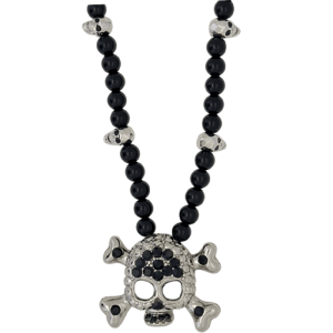 Skull N Crossbones Silver/Skull Bead Necklace –Jet/ Silver