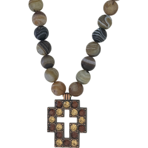 Square Cross Necklace- Brown Stone/ Copper