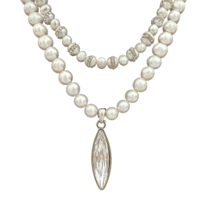 Feather 2 Layers Necklace - Pearl /  Silver