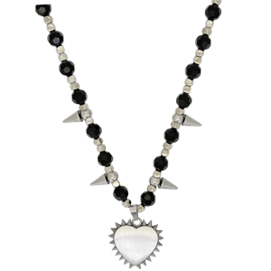 Spikes Silver Heart - Black Beads