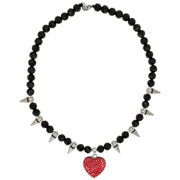 Silver Full Crystal Red Heart - Black Beads & Silver Spikes - B.B.
