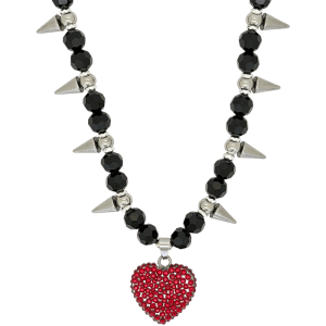 Silver Full Crystal Red Heart - Black Beads & Silver Spikes
