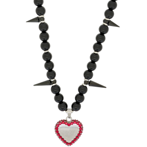 Silver Crystal Red Heart - Black Beads & Black Spikes